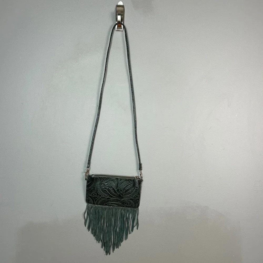 Western Festival Fall Crossbody Bag Floral Tooled Fringe Earthy Dark Fairy